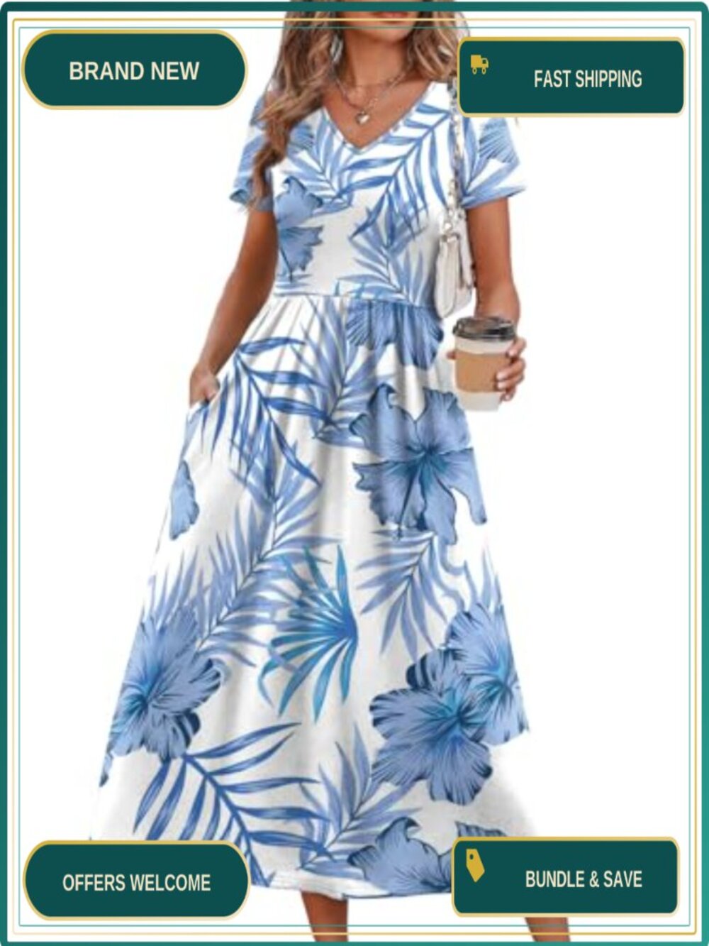 Women's Flowy A-Line Midi Dress V-Neck Short Sleeve Sundress with Pockets